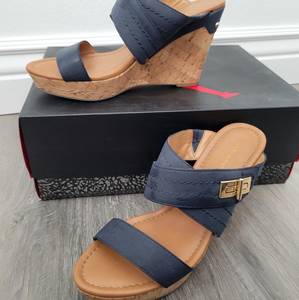 TOMMY HILFIGER blue denim strappy wedge heels
